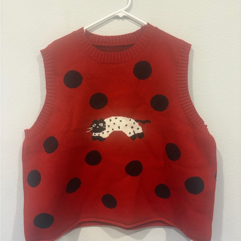 Cute Funky Red Polka Dot Sweater Vest with Cat Design